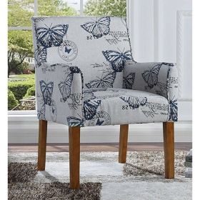 Modern Linen Upholstered Armchair with Blue Butterfly Pattern and Wood Legs