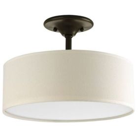 Semi-Flush Mount Ceiling Light w/ Round Off-White Linen Drum Shade in Antique Bronze