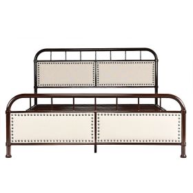 Queen Dark Brown Metal Platform Bed with Upholstered Panel Headboard Footboard