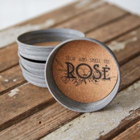 Set of Four Mason Jar Lid Coasters (Option: Stop And Smell The Rosé)