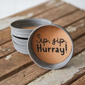 Set of Four Mason Jar Lid Coasters (Option: Sip, Sip, Hurray)